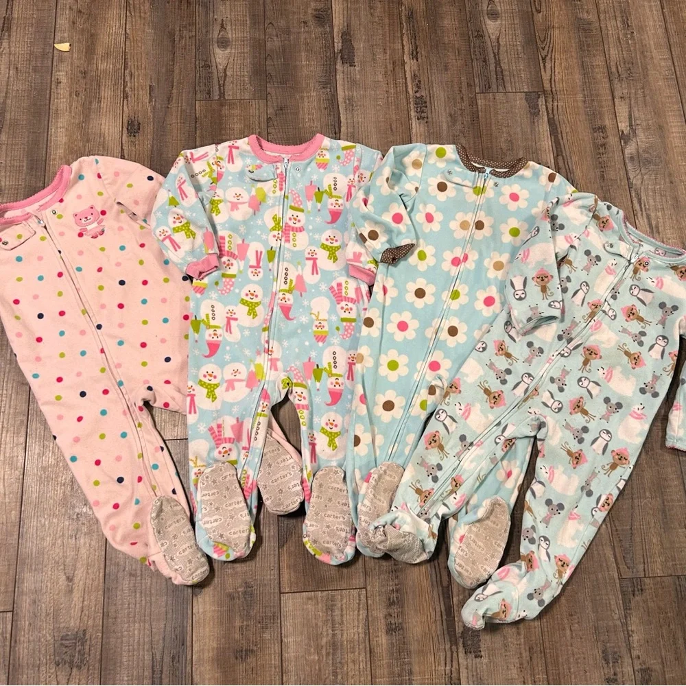 Lot of 4 Carter's Toddler‎ Girl Fleece Footed Pajamas, 24 Months Animals